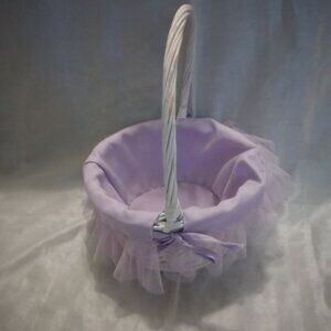 Purple cover white wicker basket with tall handle